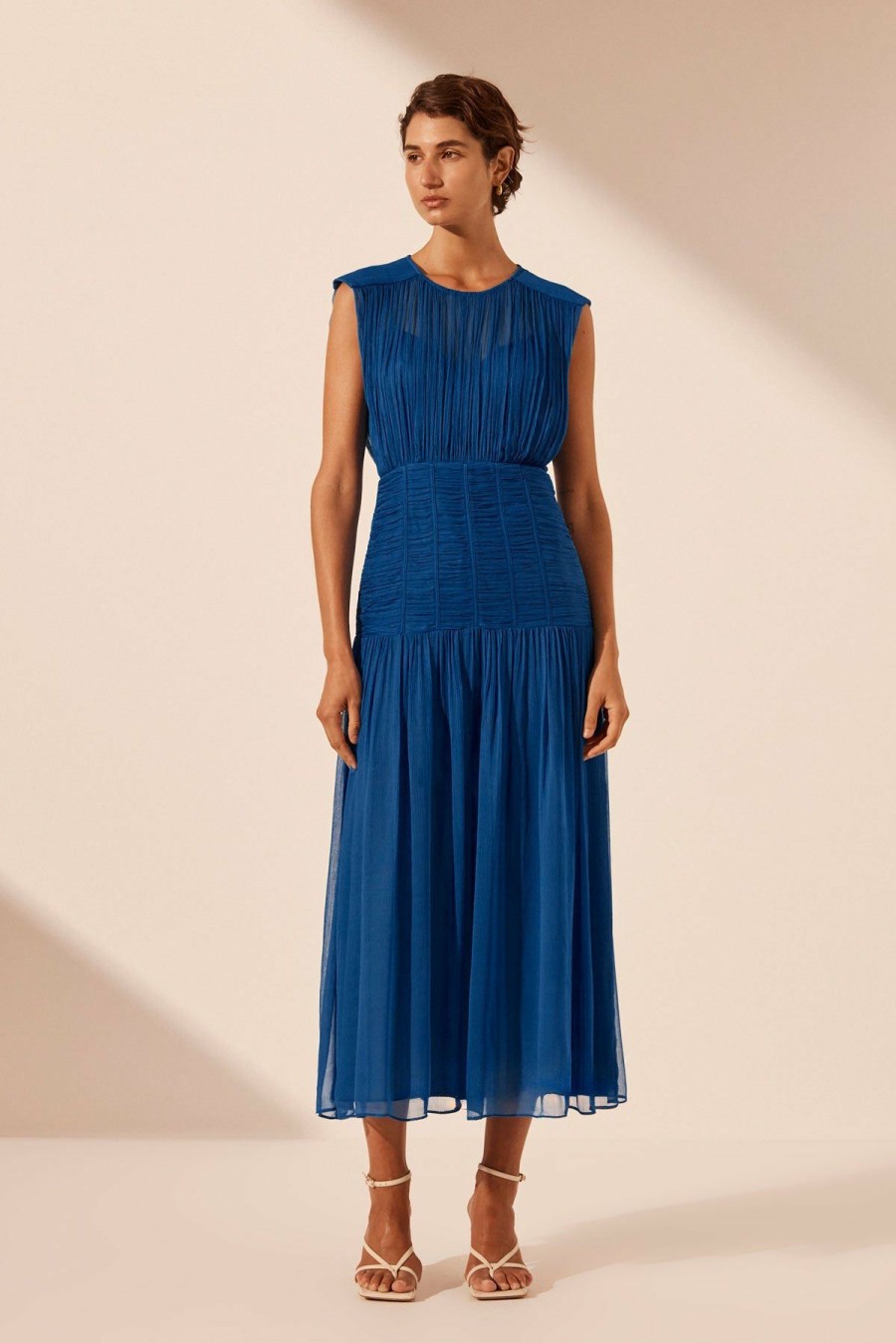 Clothing Shona Joy | Maya Ruched Sleeveless Midi Dress - Strong Blue