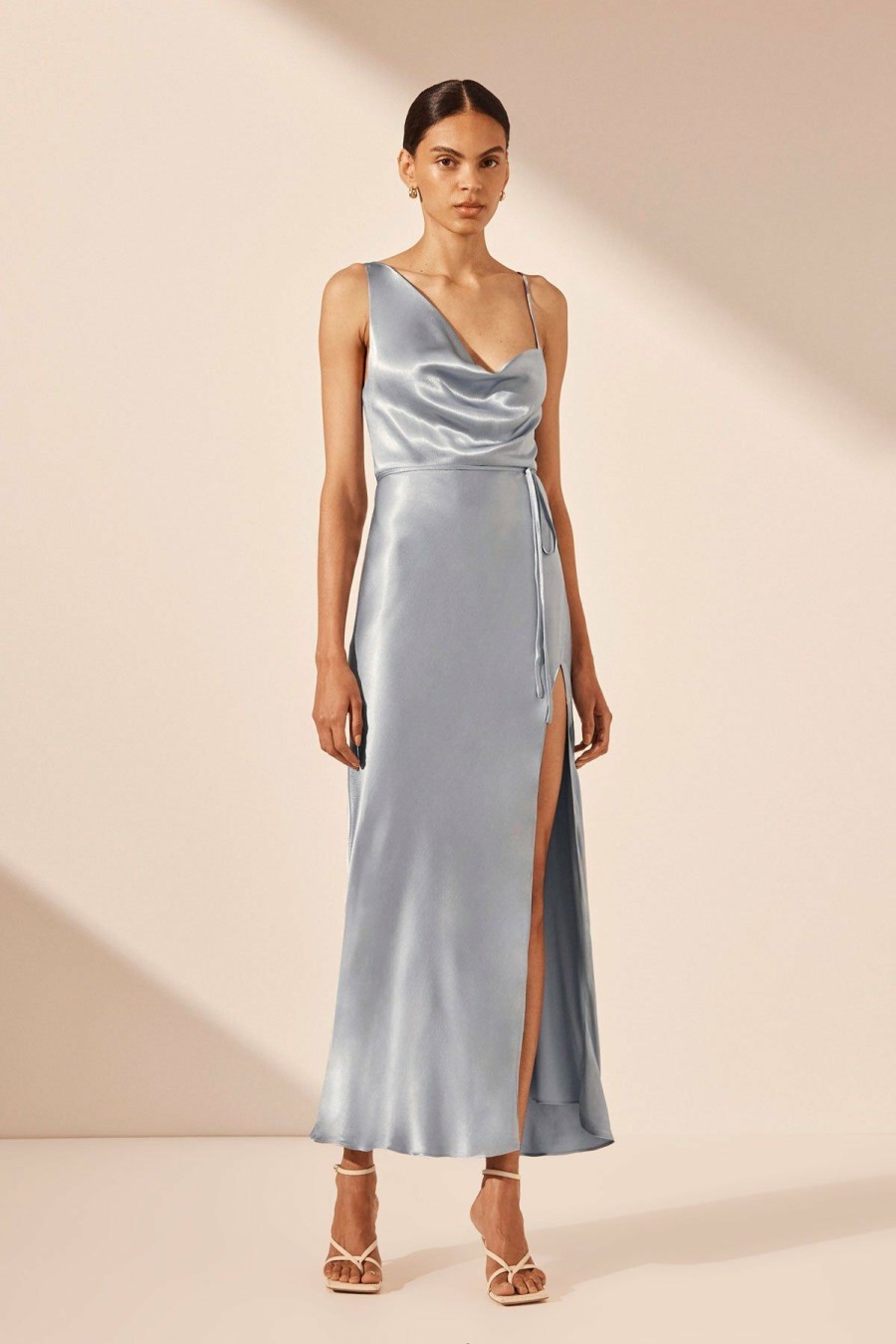 Clothing Shona Joy | La Lune Draped Side Split Midi Dress - Powder Blue