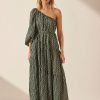 Clothing Shona Joy | Ida Linen Long Sleeve One Shoulder Tiered Maxi Dress