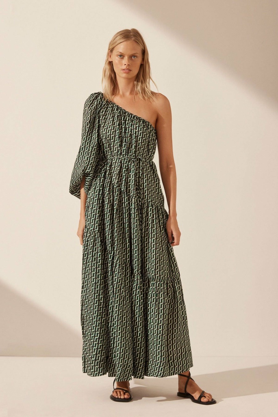 Clothing Shona Joy | Ida Linen Long Sleeve One Shoulder Tiered Maxi Dress