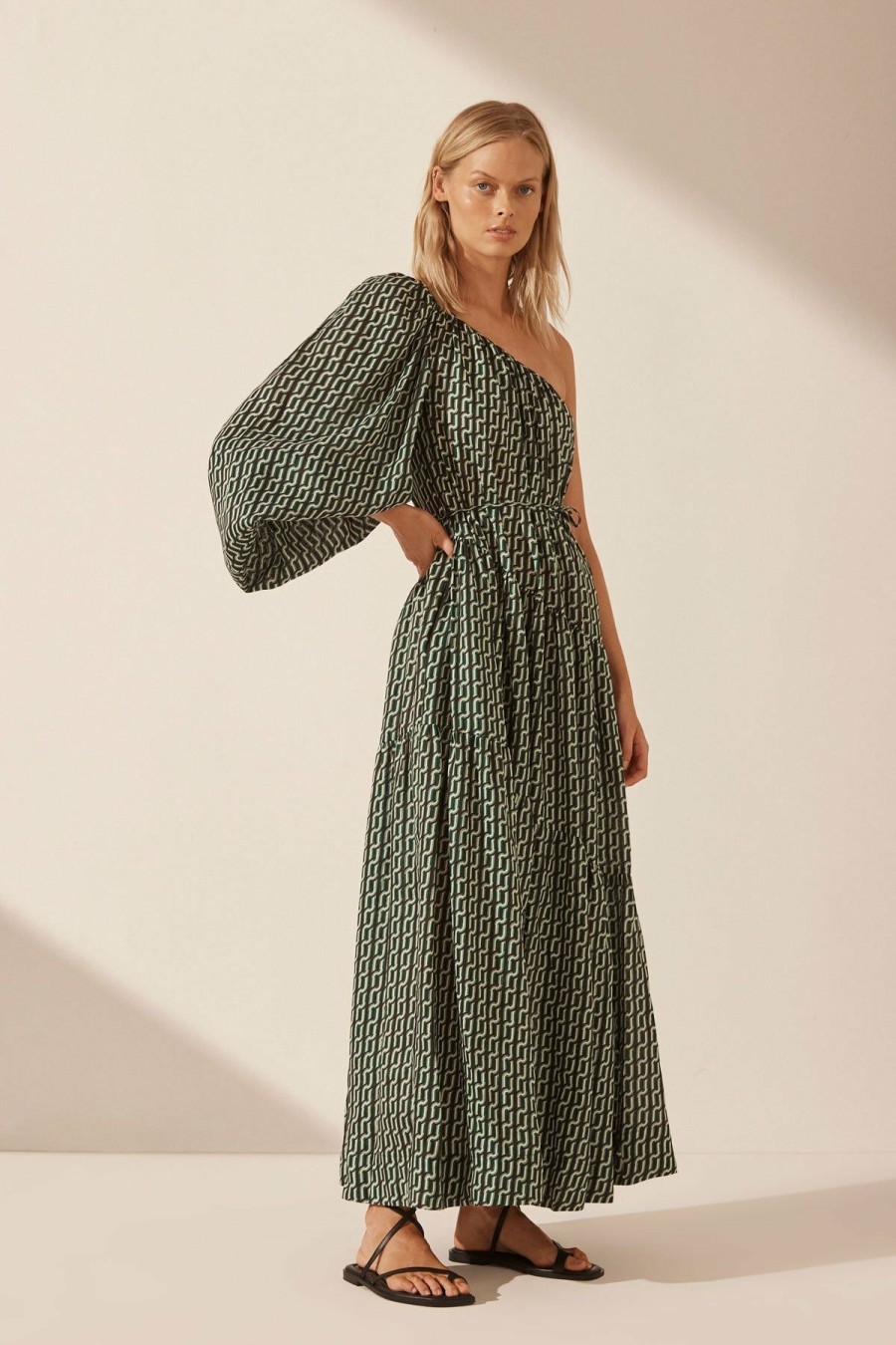 Clothing Shona Joy | Ida Linen Long Sleeve One Shoulder Tiered Maxi Dress