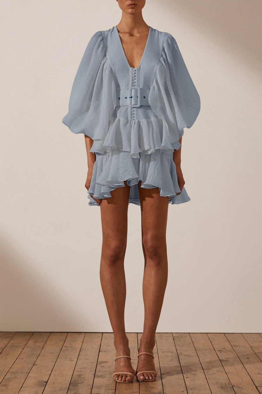 Clothing Shona Joy | Charlotte Plunged Draped Mini Dress - Blue Smoke