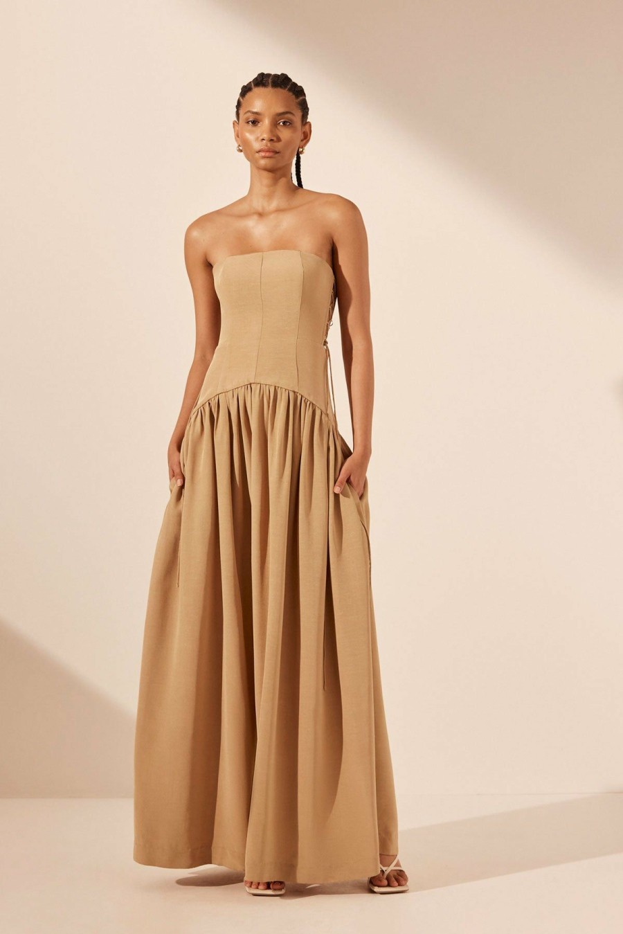 Clothing Shona Joy | Vento Lace Up Strapless Maxi Dress - Sand