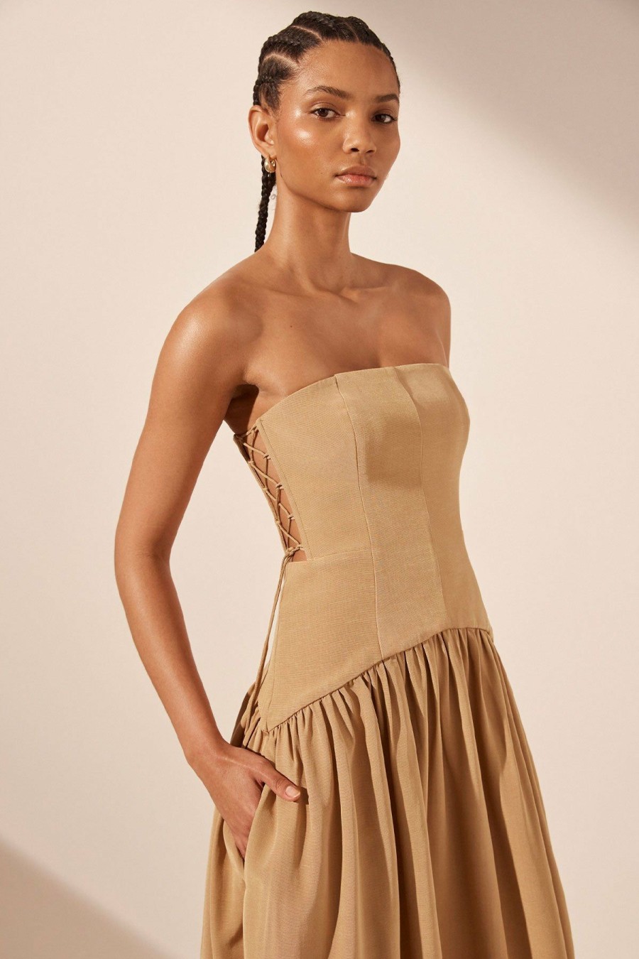 Clothing Shona Joy | Vento Lace Up Strapless Maxi Dress - Sand