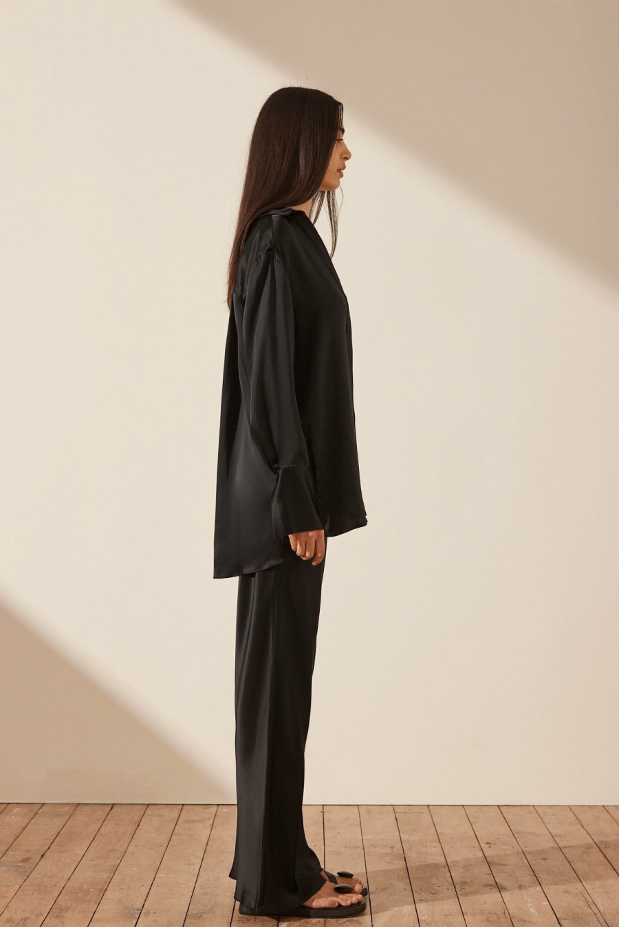 Clothing Shona Joy | Mezzanotte Silk Tuxedo Shirt - Black