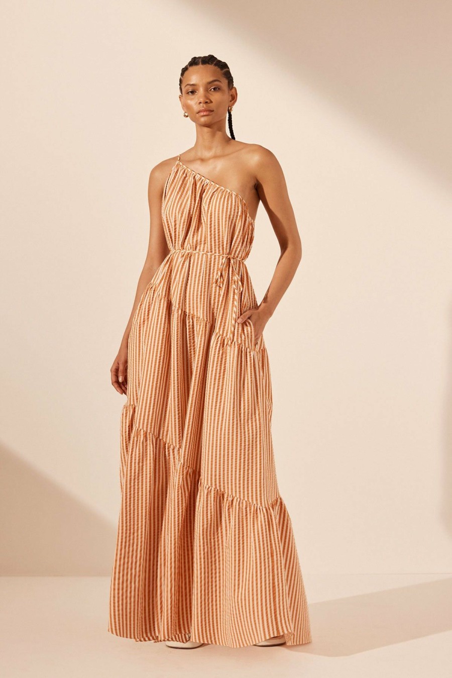 Clothing Shona Joy | Hele One Shoulder Tiered Maxi Dress - Coconut / Tangerine