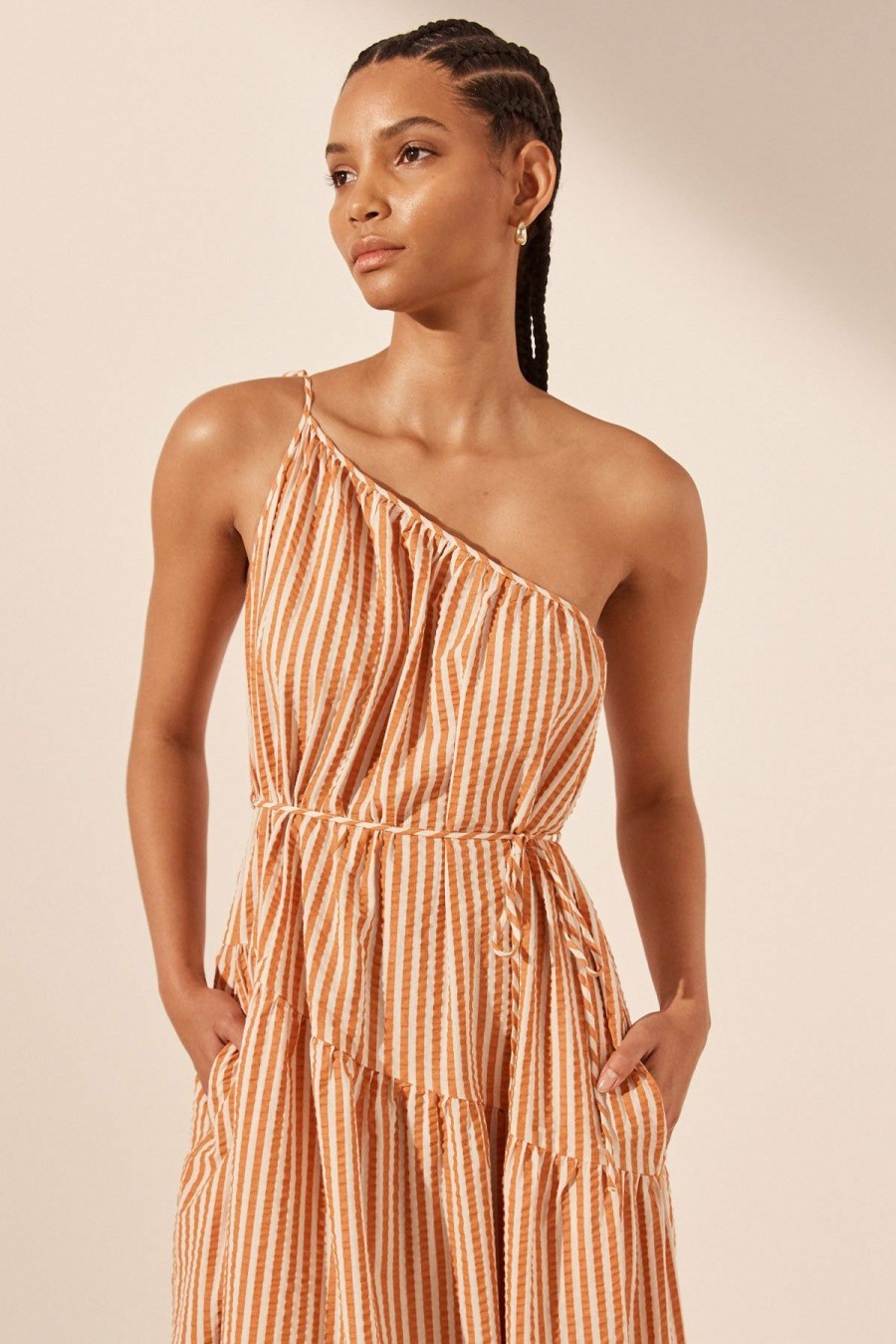 Clothing Shona Joy | Hele One Shoulder Tiered Maxi Dress - Coconut / Tangerine