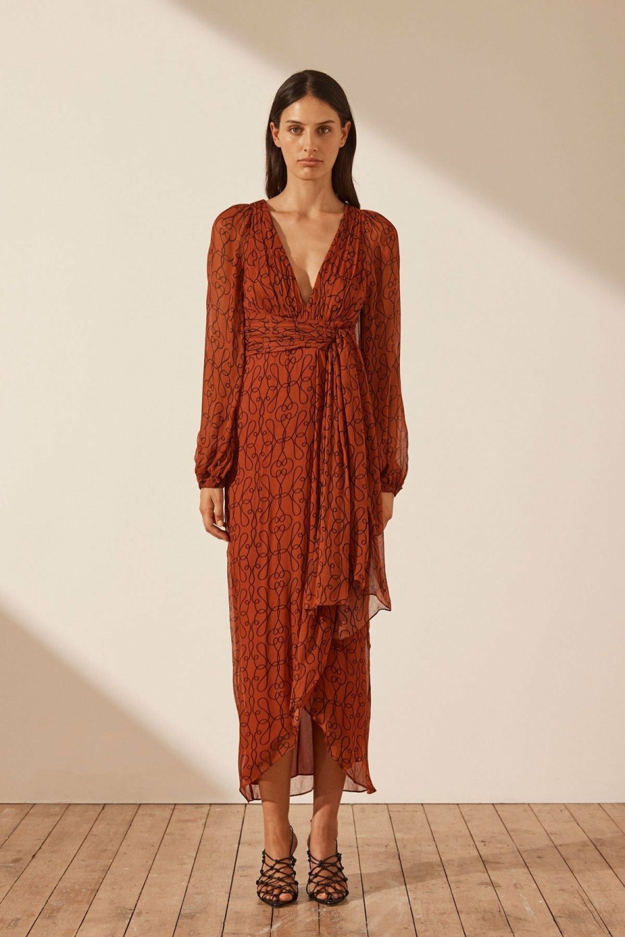 Clothing Shona Joy | Atrani Plunged Long Sleeve Midi Dress