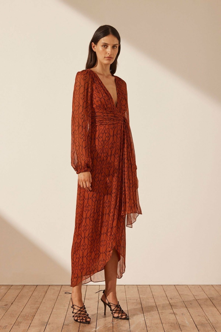 Clothing Shona Joy | Atrani Plunged Long Sleeve Midi Dress