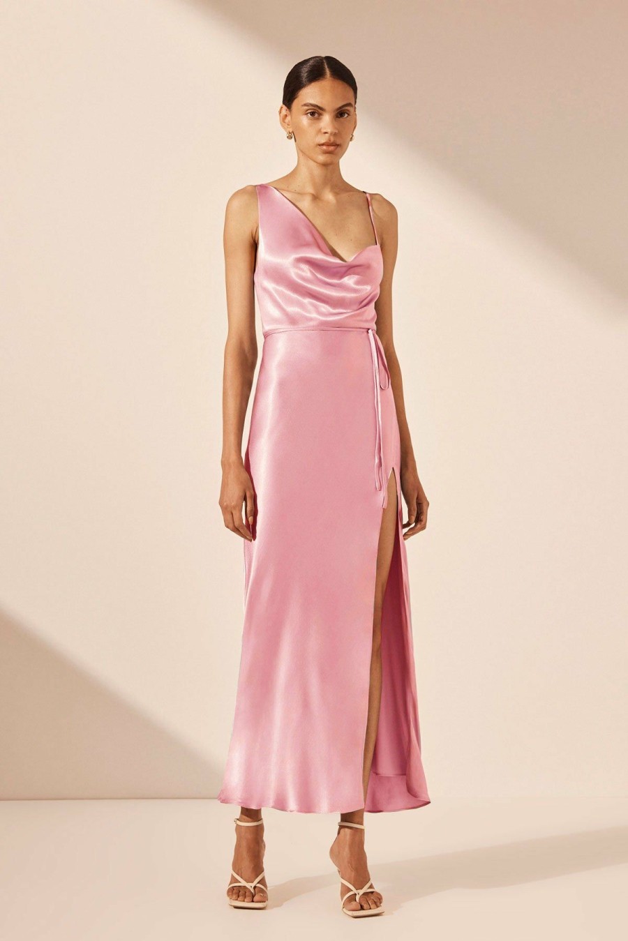 Clothing Shona Joy | La Lune Draped Side Split Midi Dress - Peony