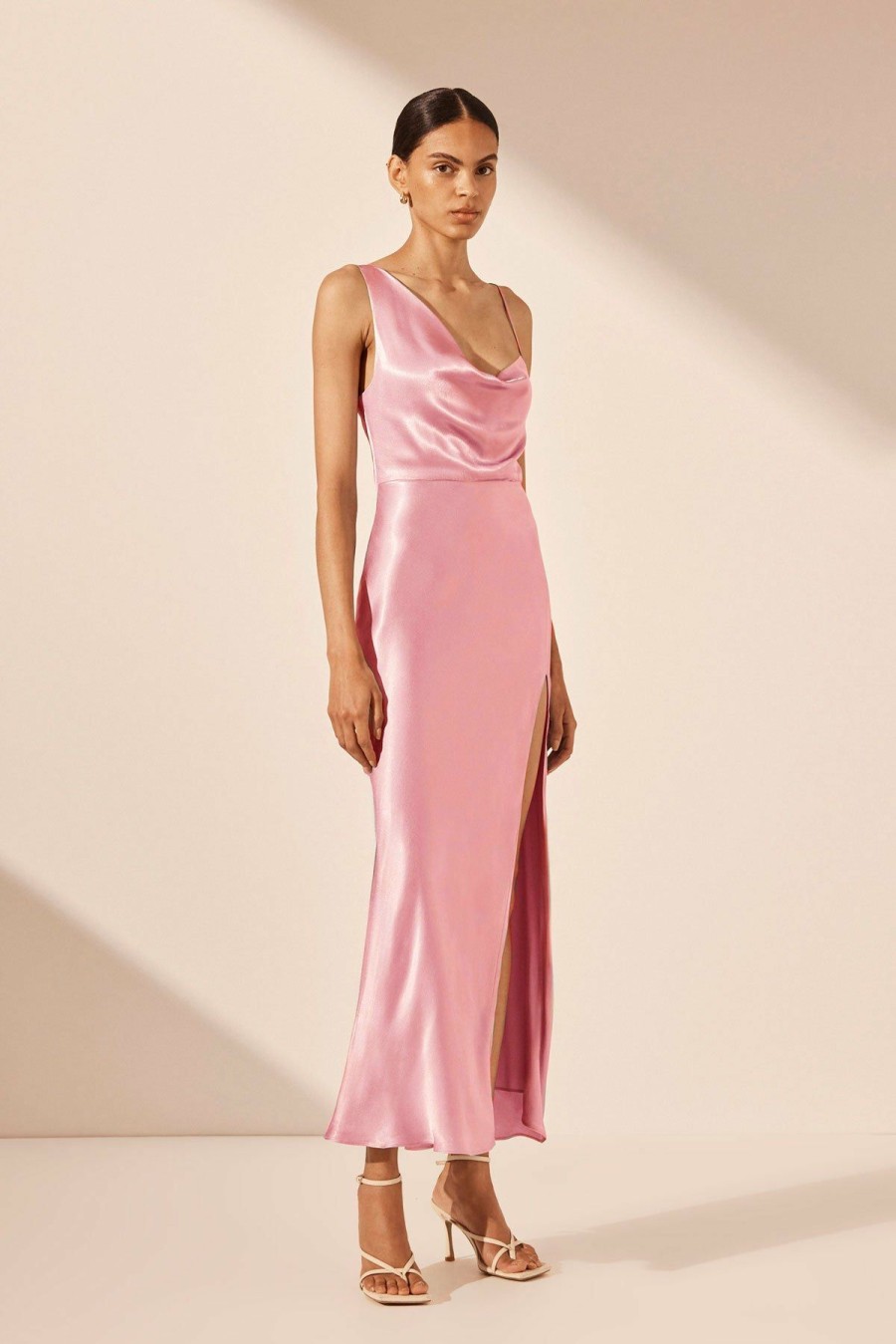 Clothing Shona Joy | La Lune Draped Side Split Midi Dress - Peony