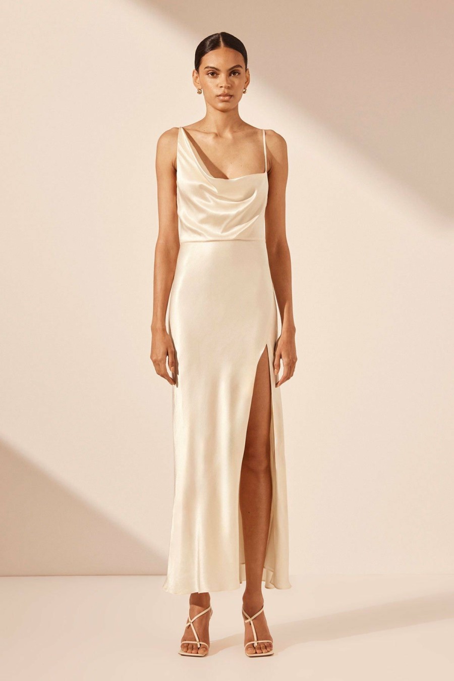 Clothing Shona Joy | La Lune Draped Side Split Midi Dress - Cream