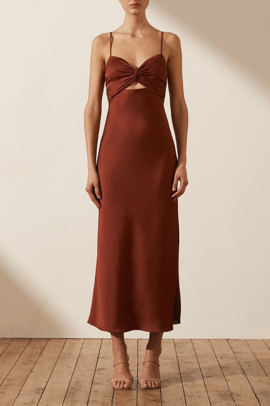 Clothing Shona Joy | Luxe Twist Front Sleeveless Midi Dress - Sangria