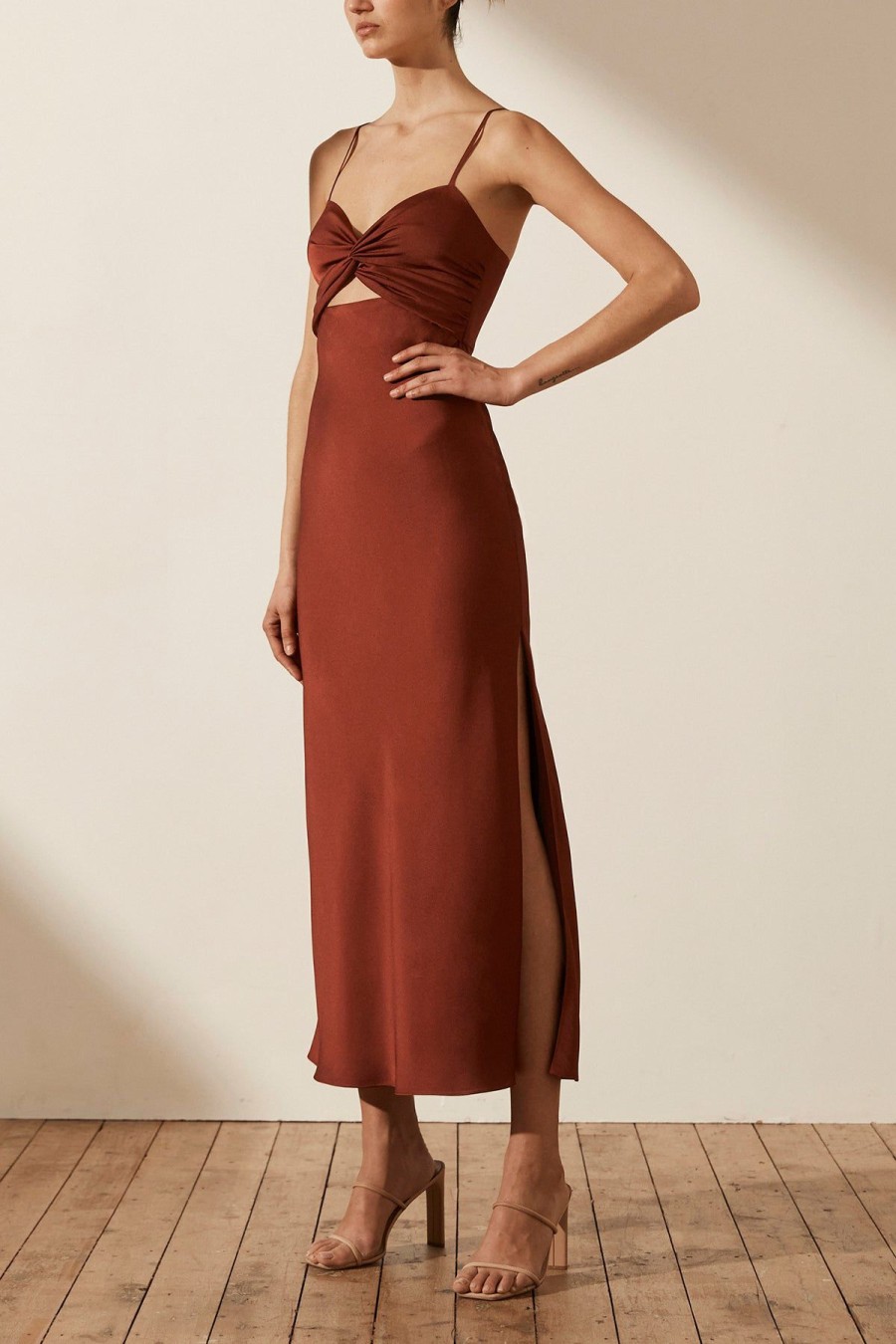 Clothing Shona Joy | Luxe Twist Front Sleeveless Midi Dress - Sangria