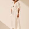 Clothing Shona Joy | Blanc Linen Ruched Keyhole Midi Dress