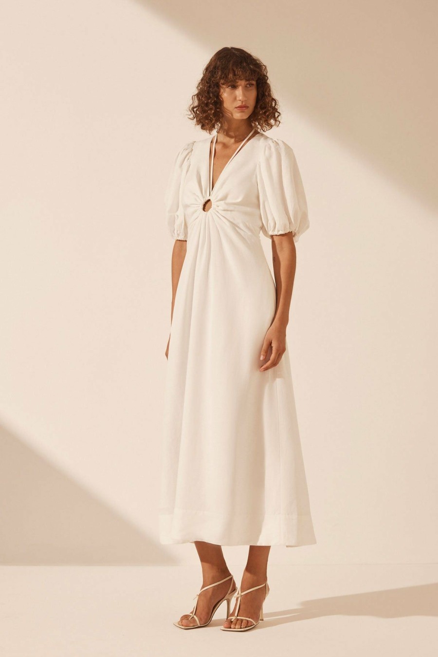 Clothing Shona Joy | Blanc Linen Ruched Keyhole Midi Dress