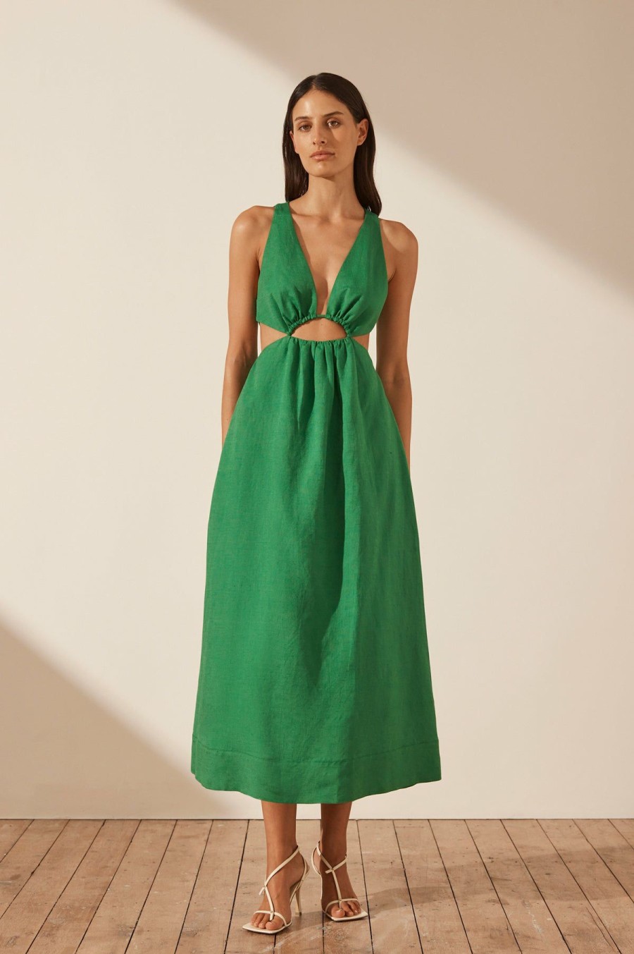 Clothing Shona Joy | Mare Linen V Neck Cut Out Midi Dress - Tree Green