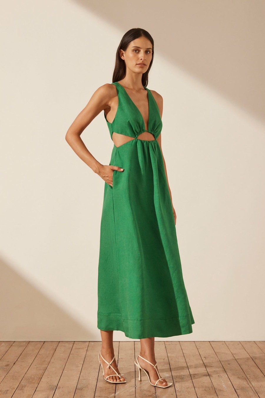 Clothing Shona Joy | Mare Linen V Neck Cut Out Midi Dress - Tree Green