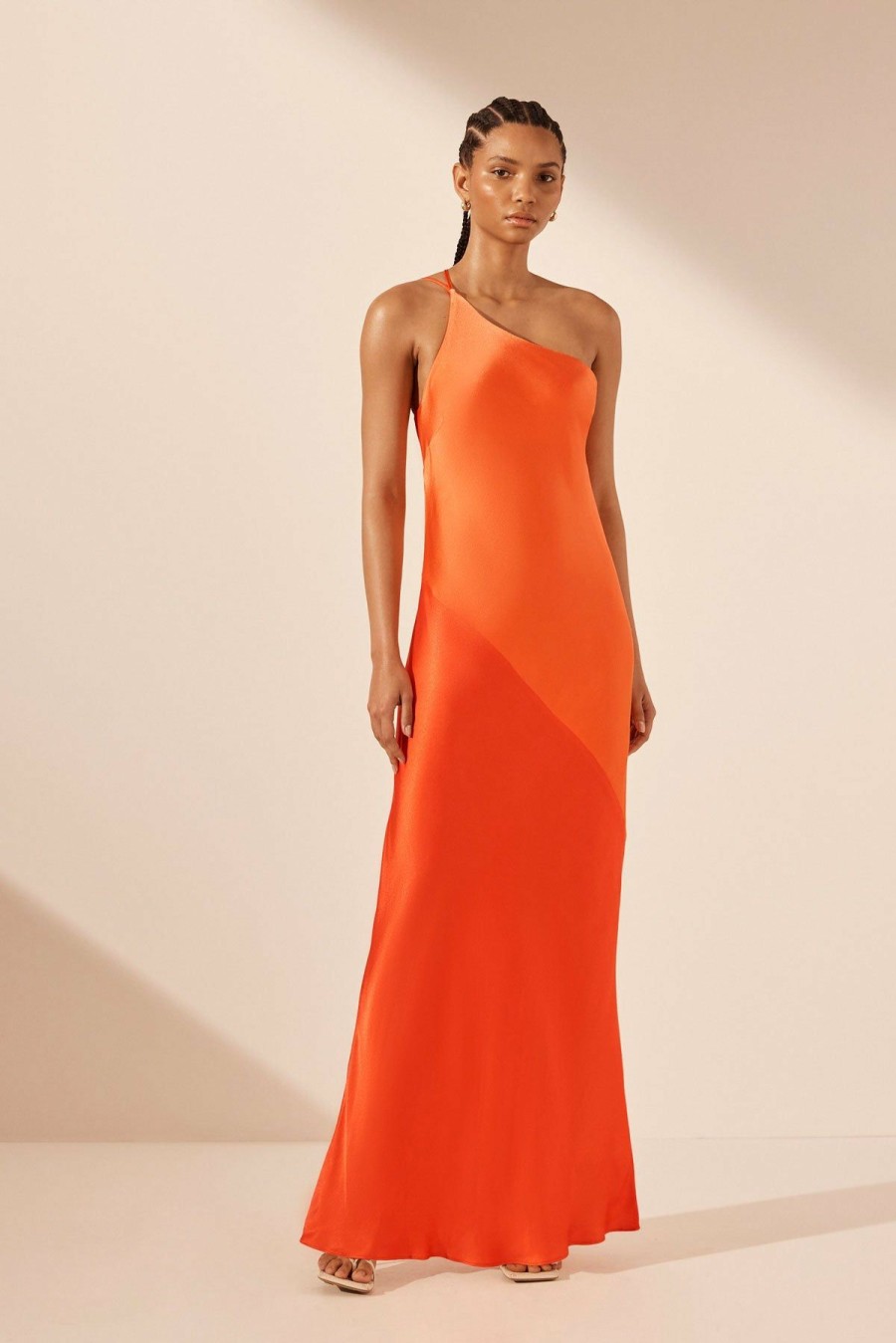 Clothing Shona Joy | Mia Contrast One Shoulder Cowl Back Maxi Dress - Red Orange / Hibiscus