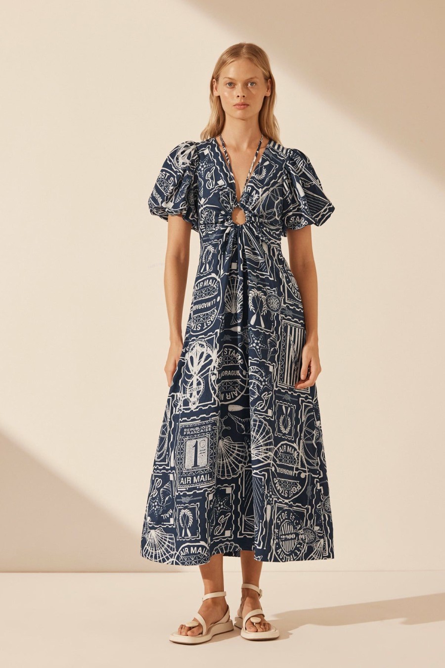 Clothing Shona Joy | Amelie Linen Ruched Keyhole Midi Dress