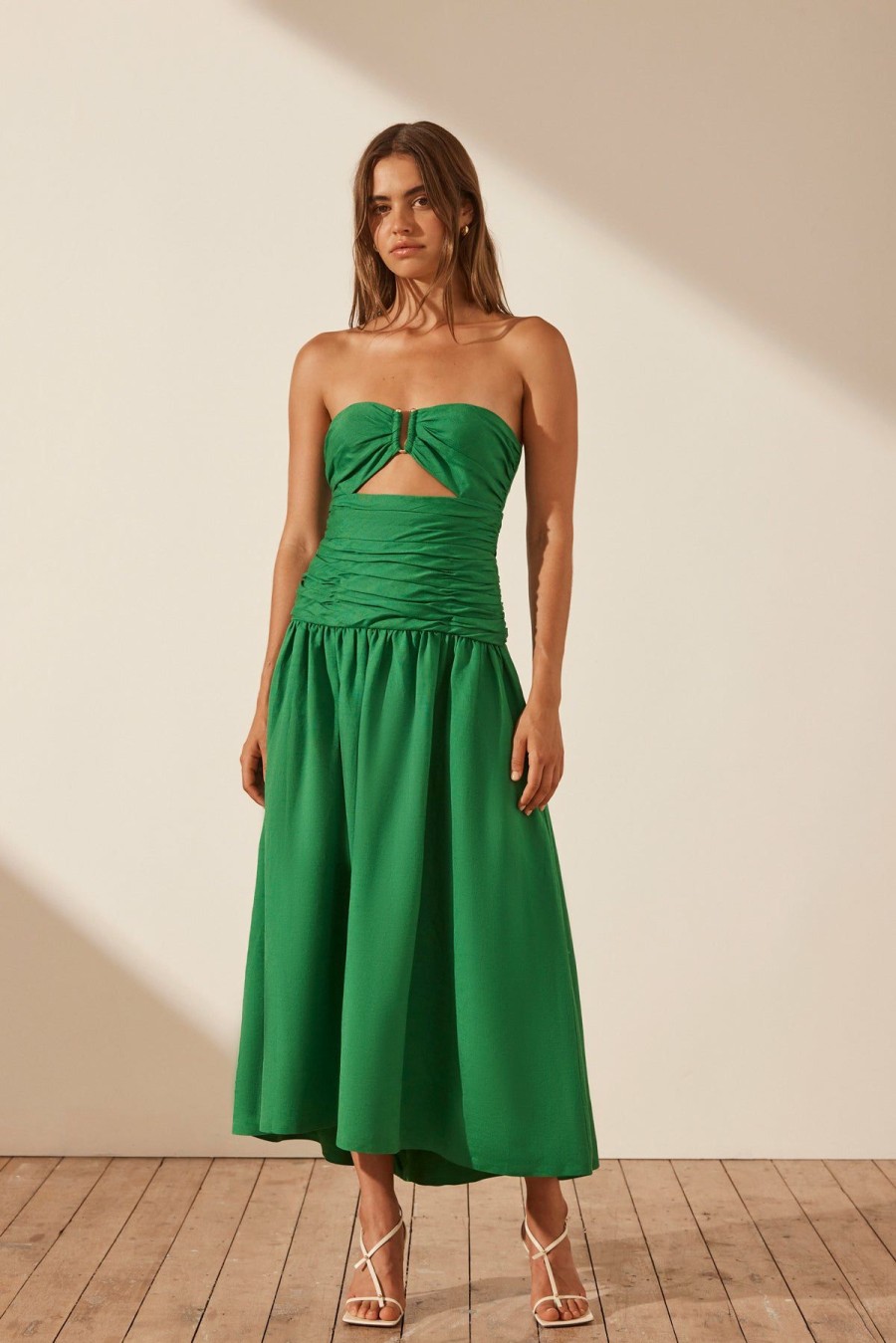 Clothing Shona Joy | Mare Linen Strapless Cut Out Midi Dress - Tree Green