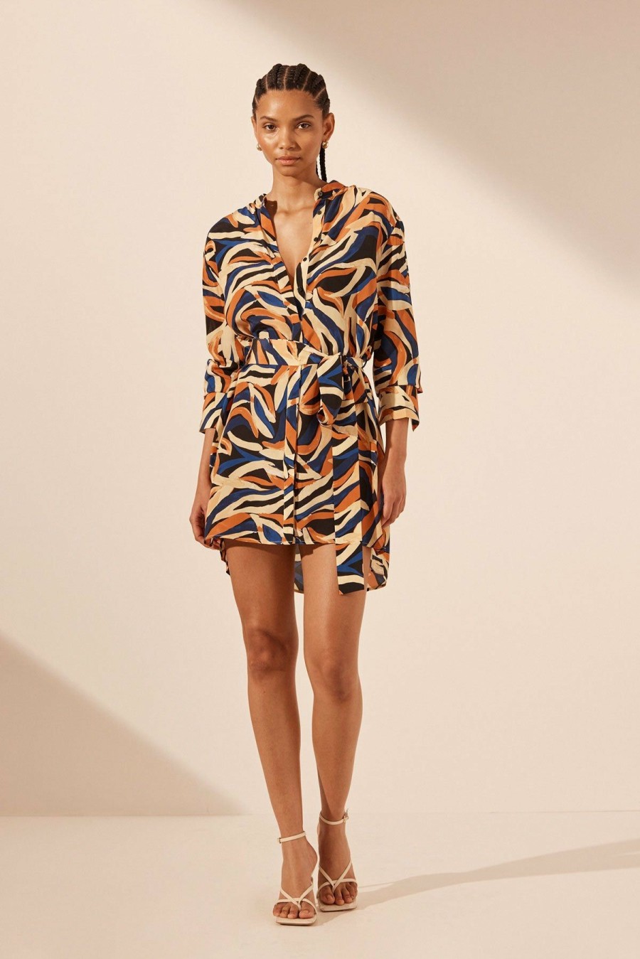 Clothing Shona Joy | Palma Silk Collarless Shirt Mini Dress