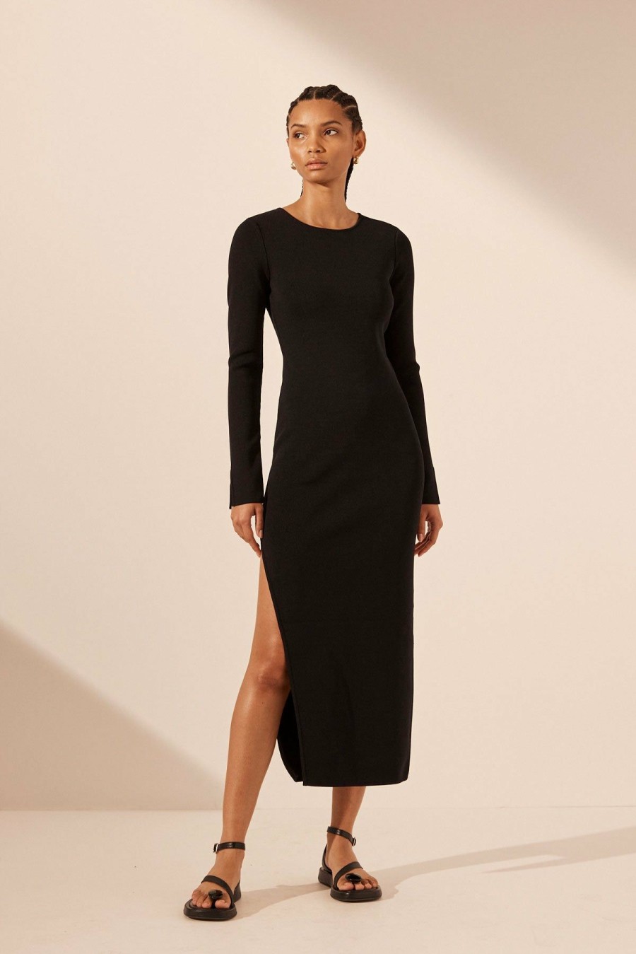 Clothing Shona Joy | Basic Long Sleeve Open Back Midi Dress - Black