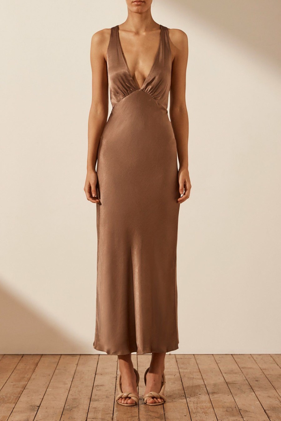 Clothing Shona Joy | Milo Plunged Cross Back Midi Dress - Cacao