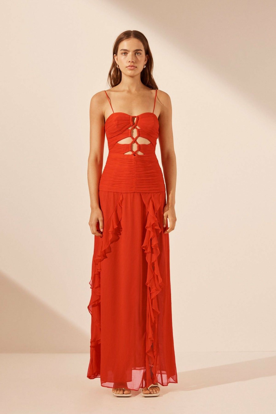 Clothing Shona Joy | Maya Ruched Lace Up Maxi Dress - Hibiscus