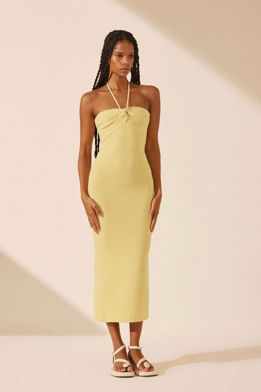 Clothing Shona Joy | Eve Twist Front Halter Midi Dress - Lemon