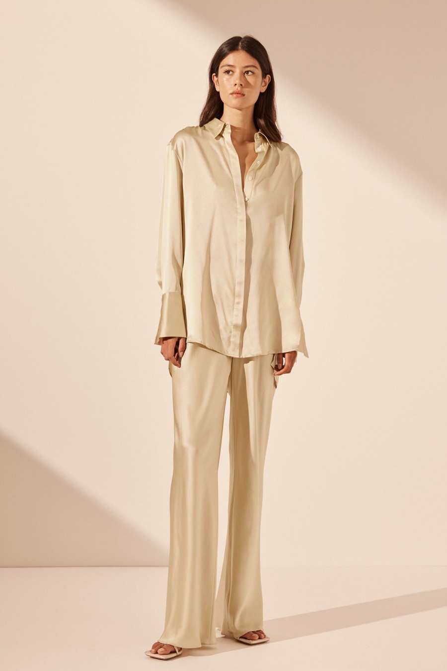 Clothing Shona Joy | Mezzanotte Silk Tuxedo Shirt - Bone