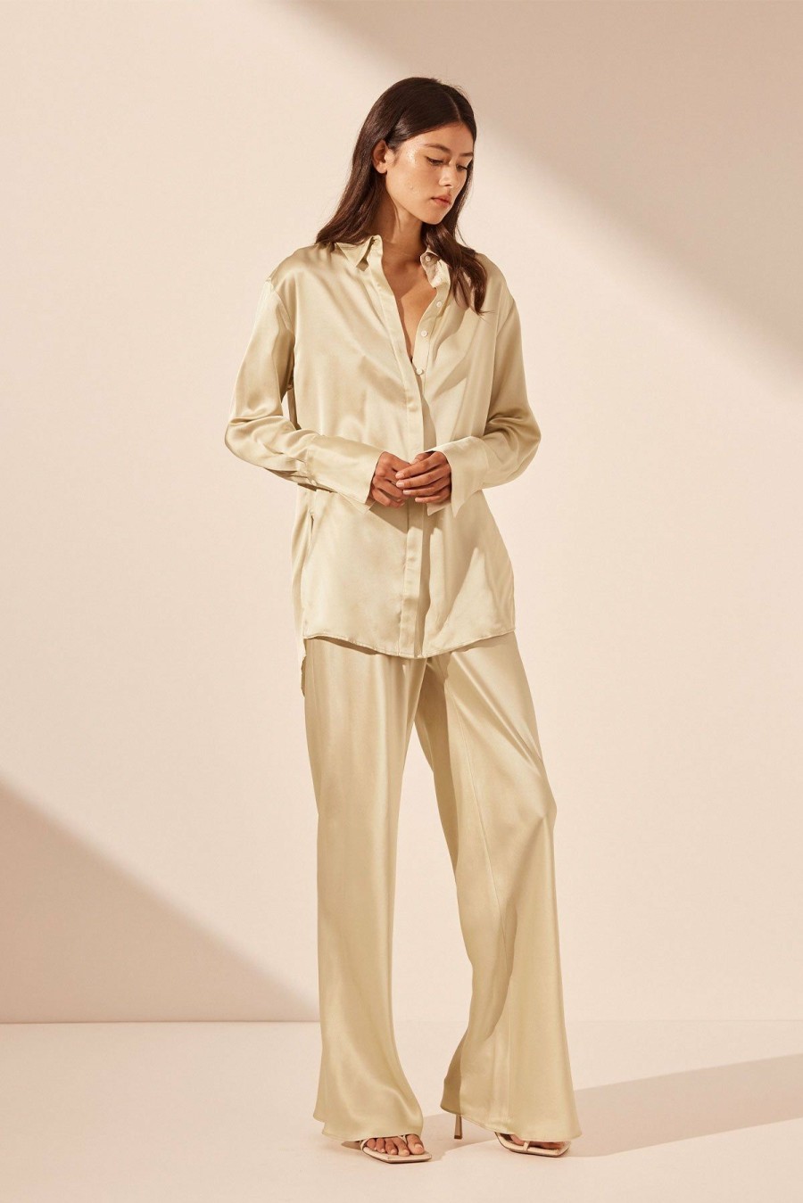 Clothing Shona Joy | Mezzanotte Silk Tuxedo Shirt - Bone