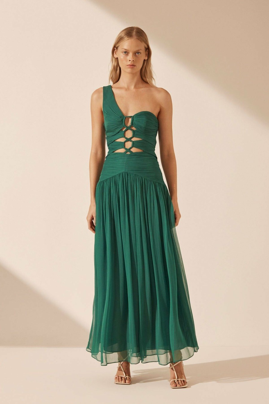 Clothing Shona Joy | Margot One Shoulder Lace Up Maxi Dress - Evergreen