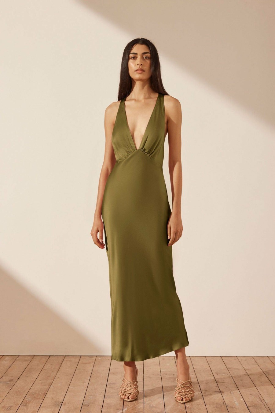 Clothing Shona Joy | Arienzo Plunged Cross Back Midi Dress - Green Olive