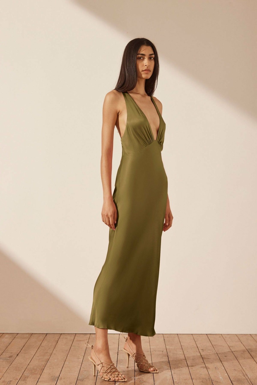 Clothing Shona Joy | Arienzo Plunged Cross Back Midi Dress - Green Olive