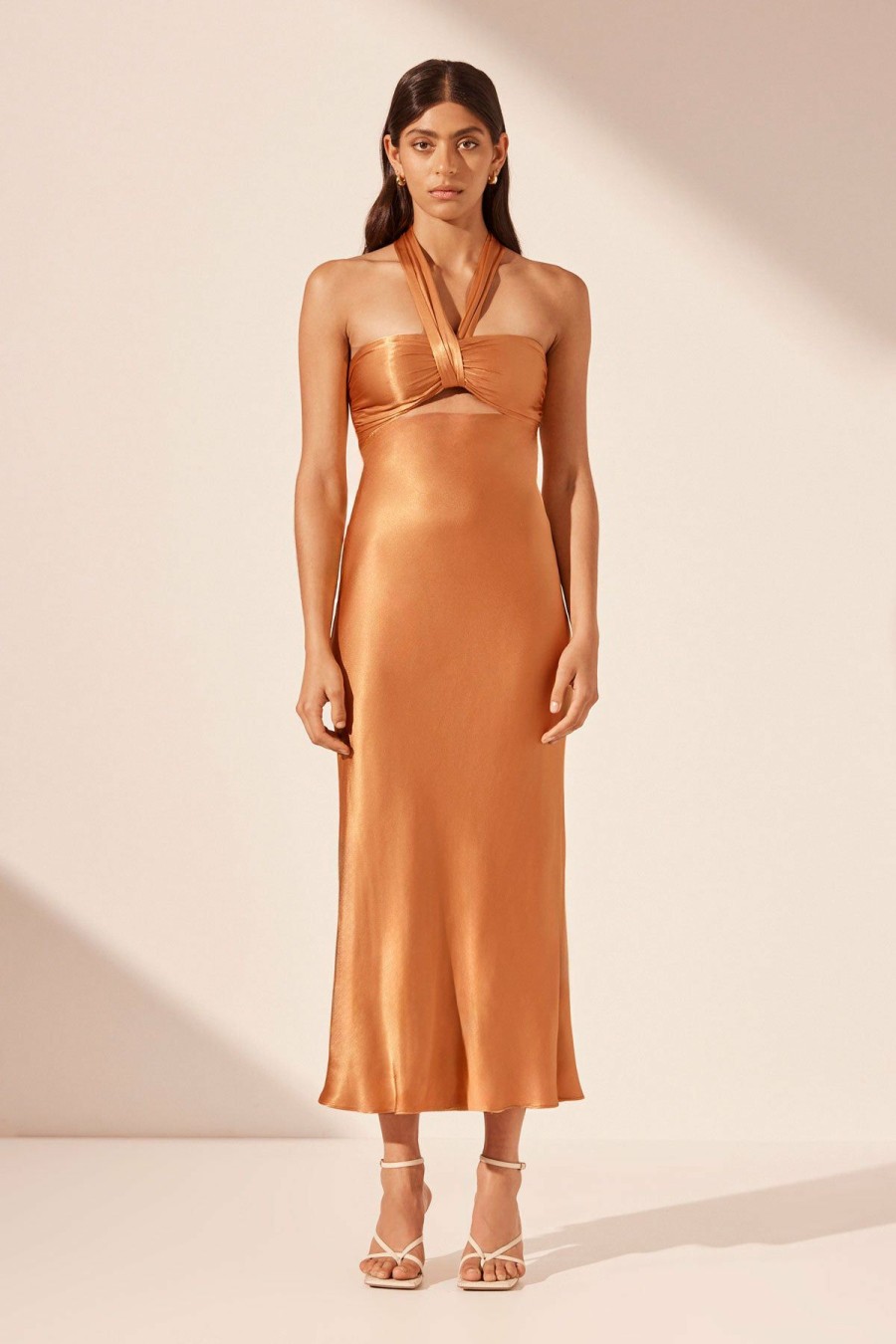 Clothing Shona Joy | Lydie Ruched Halter Midi Dress - Golden Oak