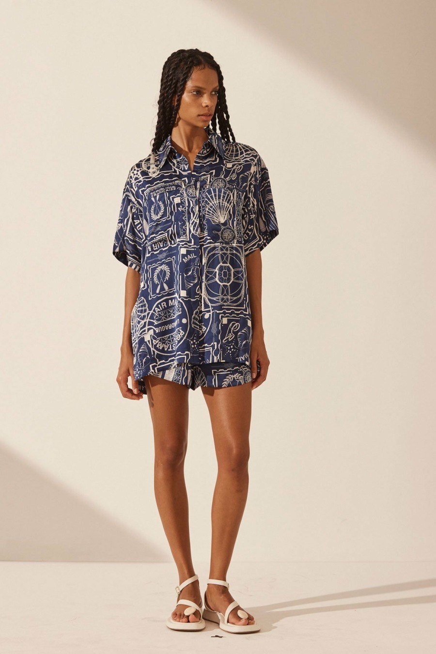 Clothing Shona Joy | Mer Silk Short Sleeve Relaxed Shirt