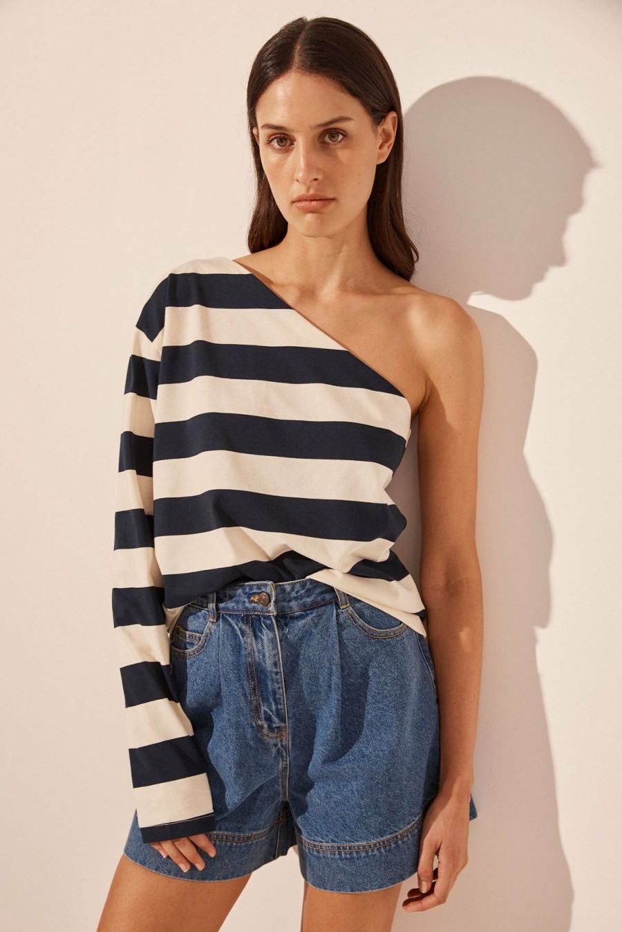 Clothing Shona Joy | Gia One Shoulder Tee - Navy/Cream