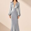 Clothing Shona Joy | La Lune Plunged Neck Balloon Sleeve Midi Dress - Powder Blue