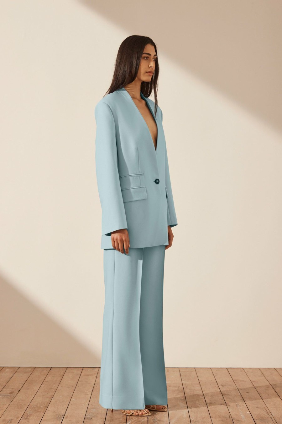 Clothing Shona Joy | Irena Collarless Oversized Blazer - Cool Blue