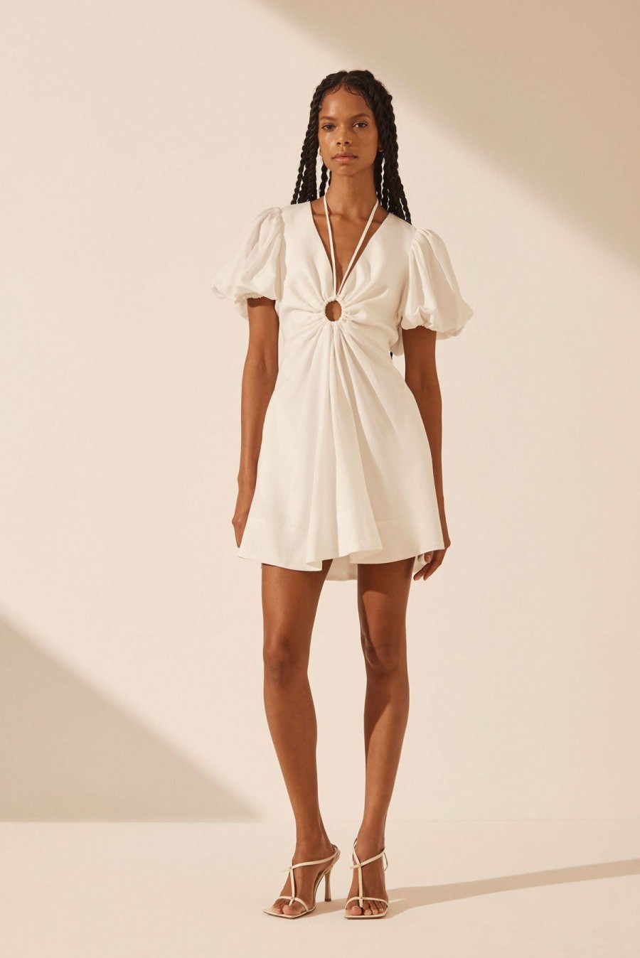 Clothing Shona Joy | Blanc Linen Ruched Keyhole Mini Dress