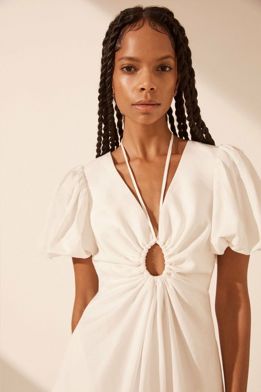 Clothing Shona Joy | Blanc Linen Ruched Keyhole Mini Dress