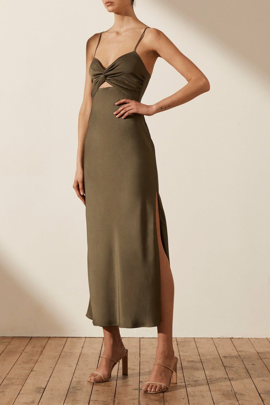 Clothing Shona Joy | Luxe Twist Front Sleeveless Midi Dress - Pine