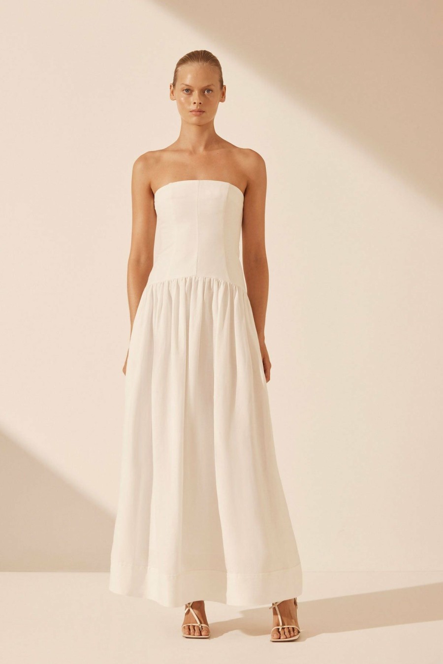 Clothing Shona Joy | Blanc Linen Strapless Panelled Maxi Dress