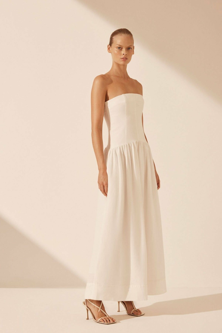 Clothing Shona Joy | Blanc Linen Strapless Panelled Maxi Dress