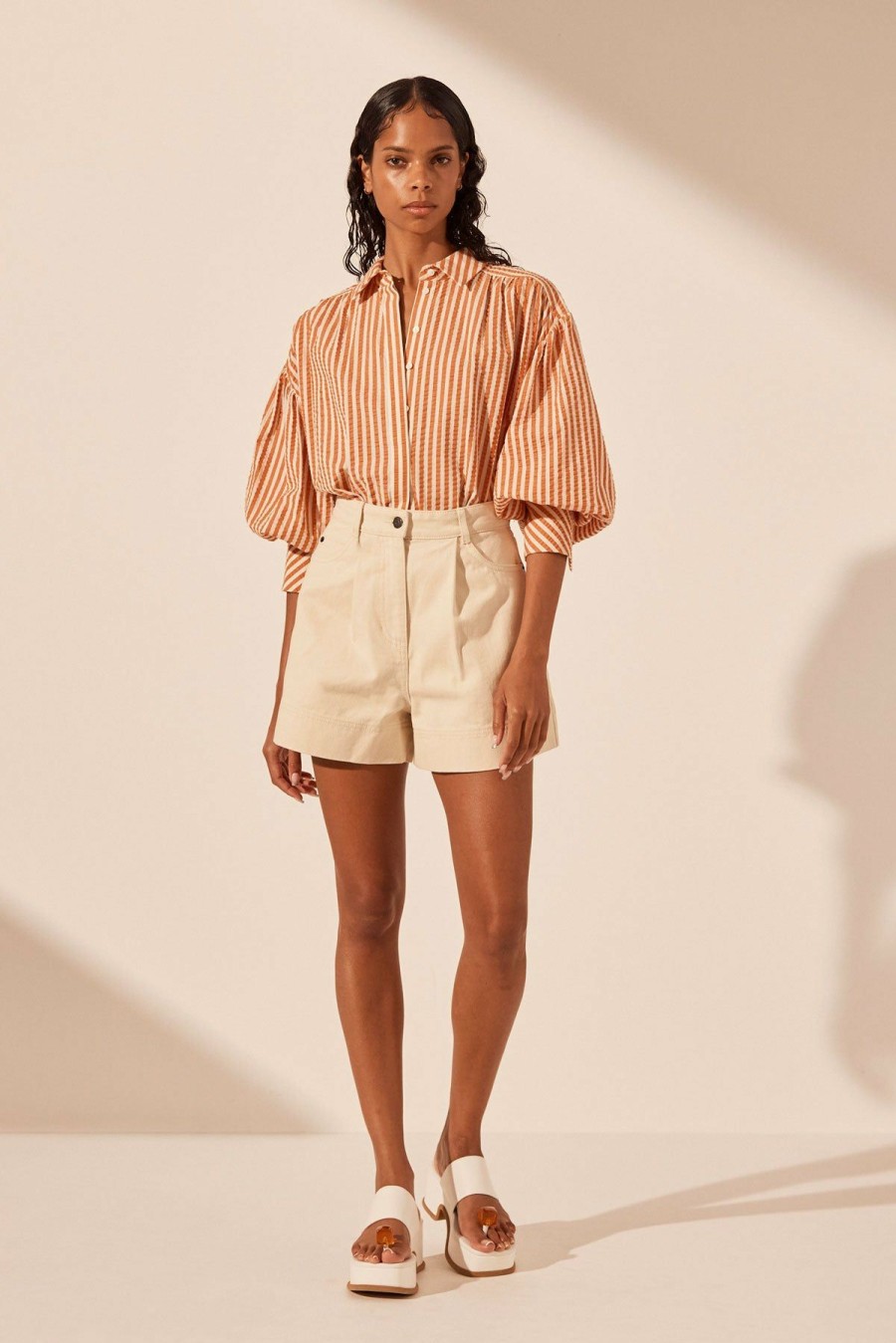 Clothing Shona Joy | Hele Balloon Sleeve Shirt - Coconut / Tangerine