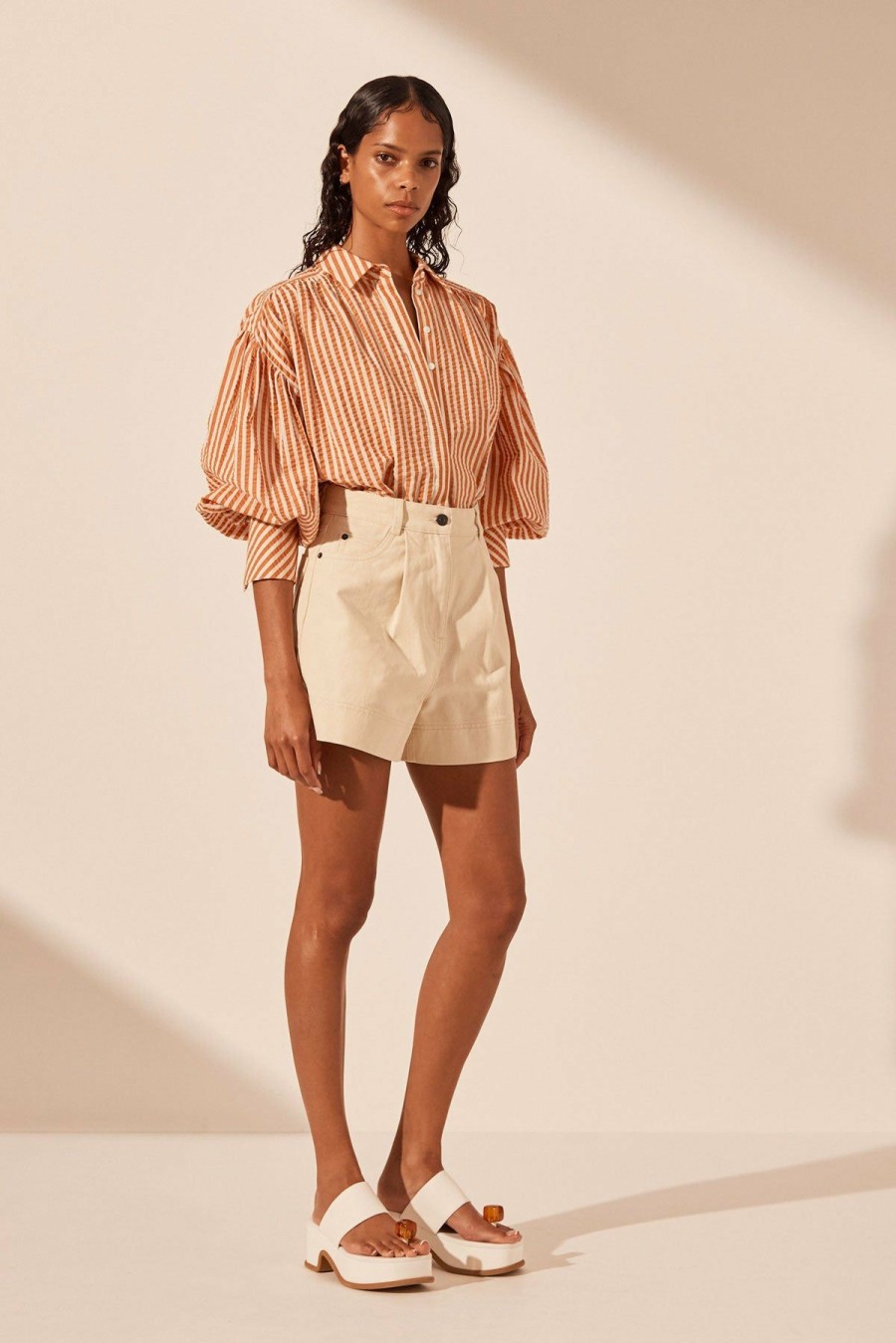 Clothing Shona Joy | Hele Balloon Sleeve Shirt - Coconut / Tangerine