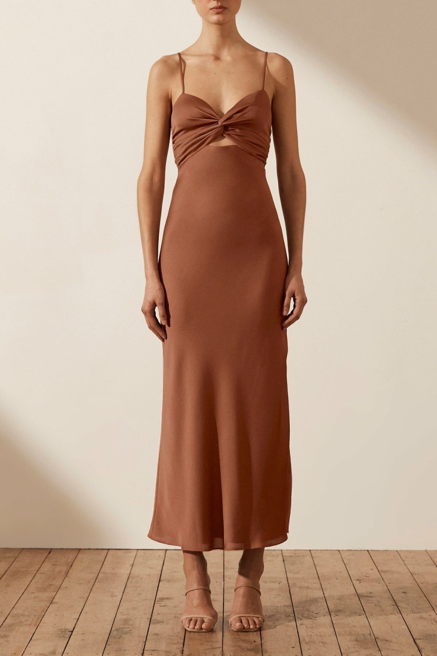 Clothing Shona Joy | Luxe Twist Front Sleeveless Midi Dress - Mocha