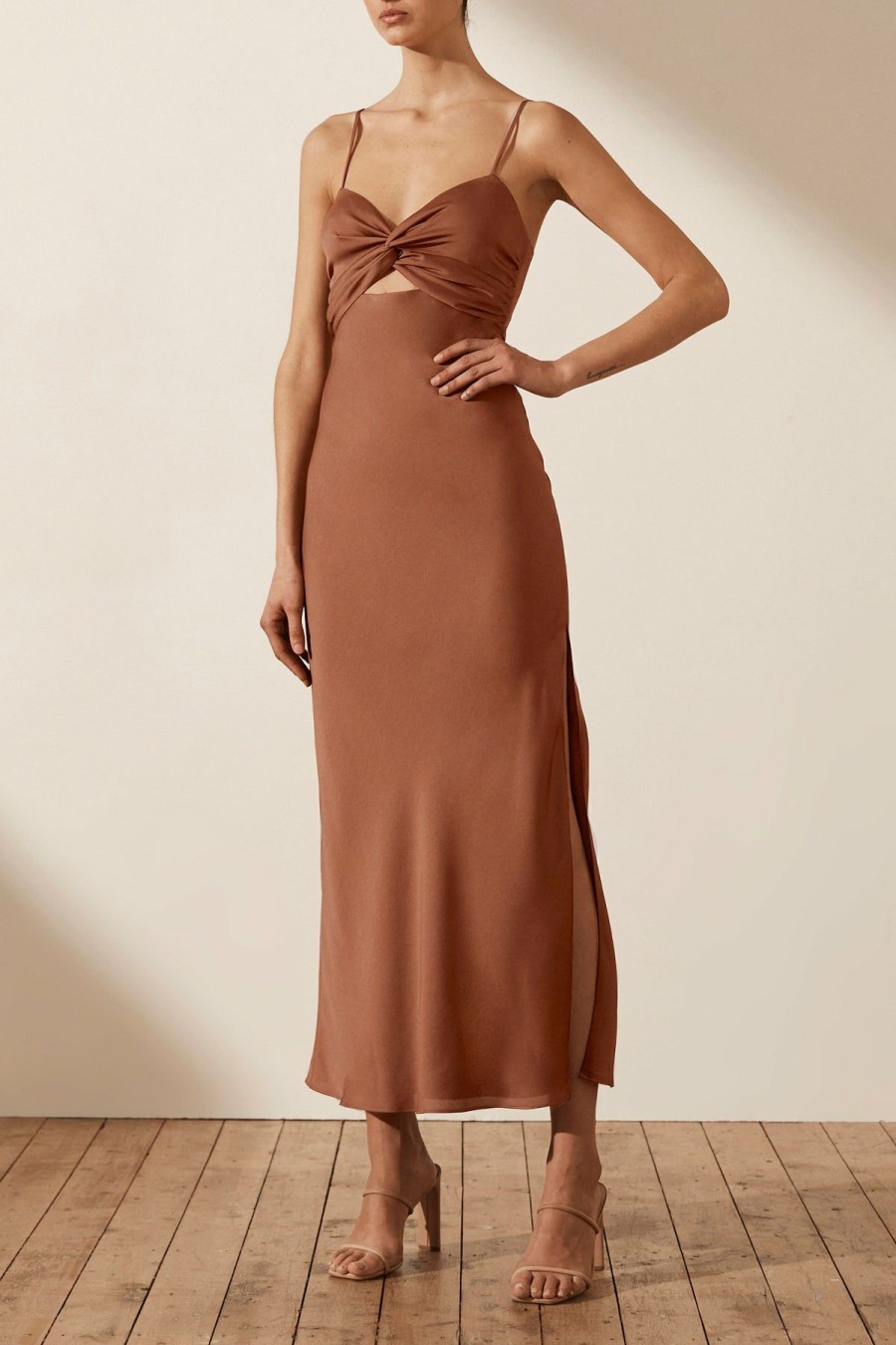 Clothing Shona Joy | Luxe Twist Front Sleeveless Midi Dress - Mocha