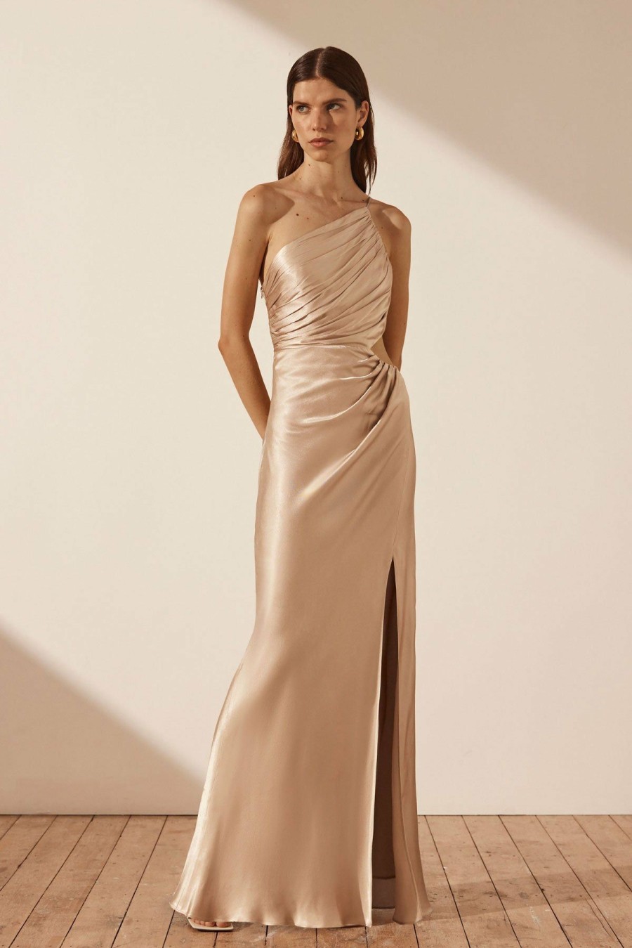 Clothing Shona Joy | La Lune Asymmetrical Gathered Maxi Dress - Gold